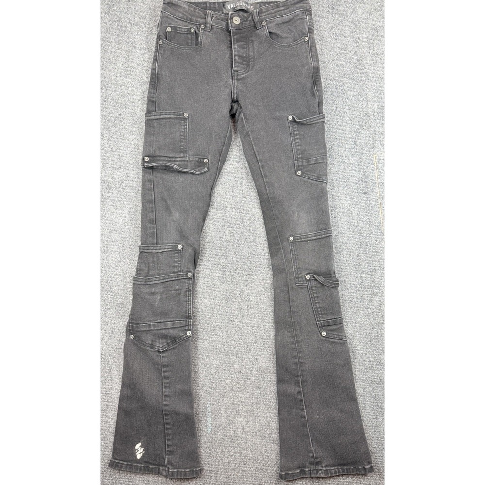 Valabasas Stacked Black Denim Jeans Mens 28 28x33.5 Cargo Flare Distressed Moto